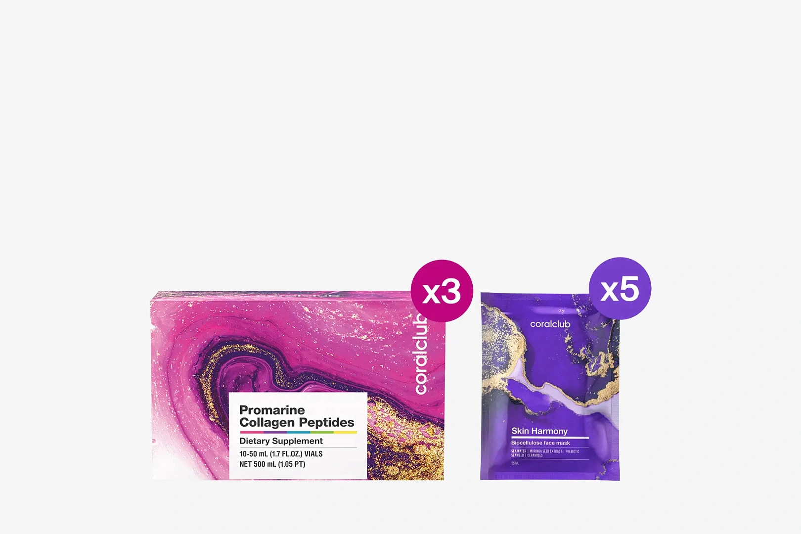 Промарин пептиды коллагена, 3 упаковки по 10 флаконов + Skin Harmony маска для лица биоцеллюлозная, 5 саше по 25 мл в коробке